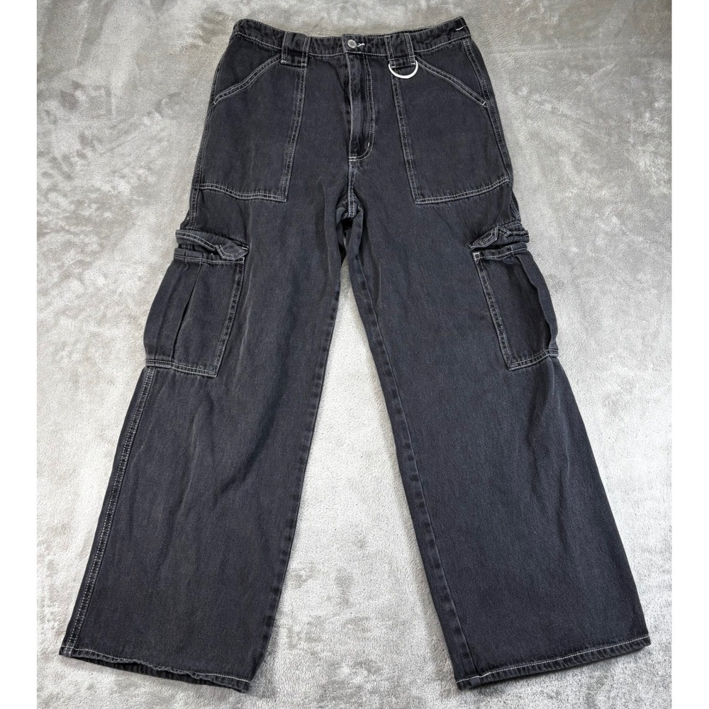 RSQ Cargo Pants Women 30 Black street skater Wide Leg Contrast grunge Denim‎